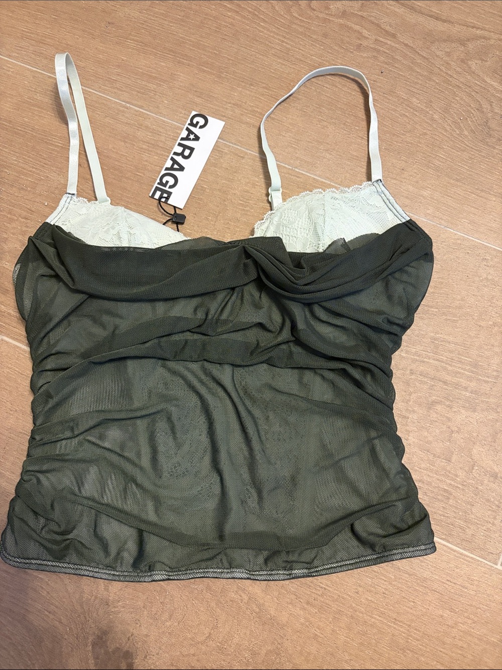 Garage Olive Green Mesh Cami with Cream Lace Cups